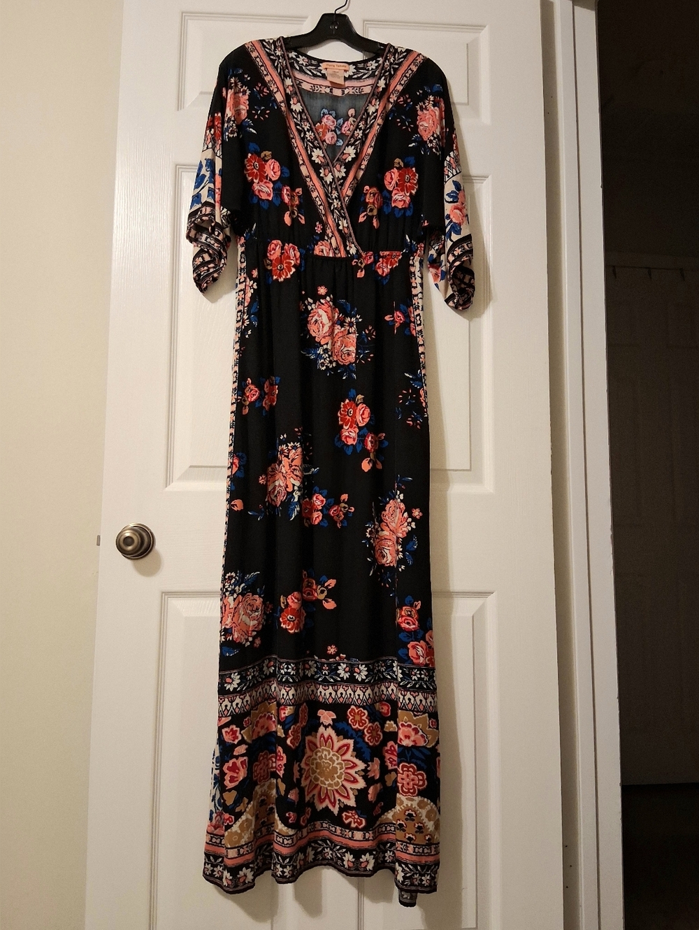 Flying Tomato Maxi Dress Large 100% Rayon Black Floral Print